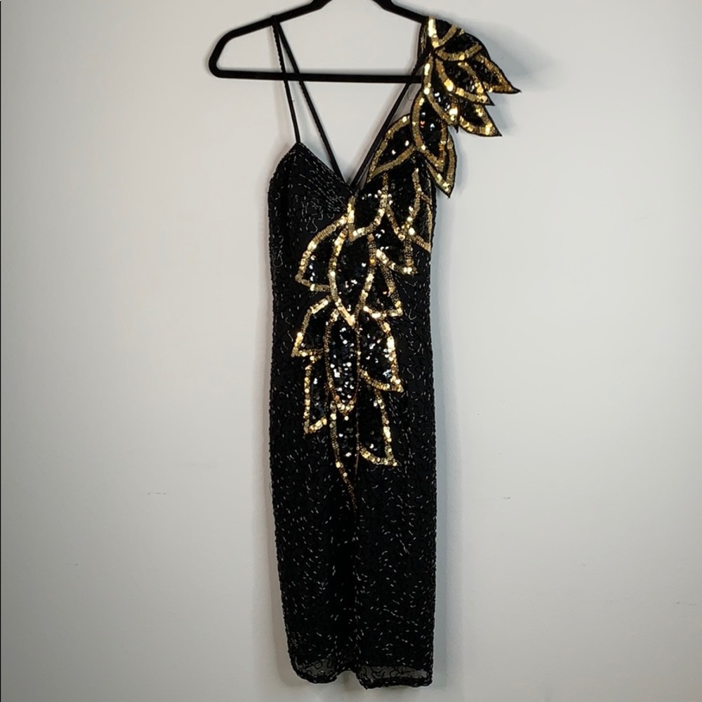 Vintage Black and Gold One Shoulder Dress